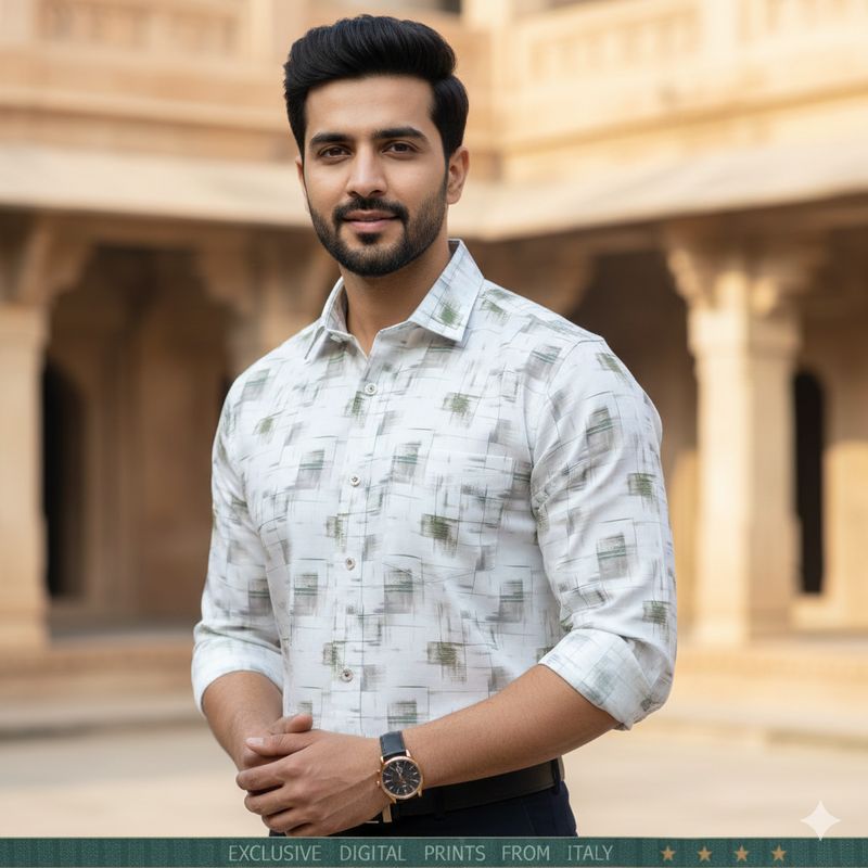 Shirt Fabric Mantire Poly Cotton Digital Print With Dobby Colour Green N White