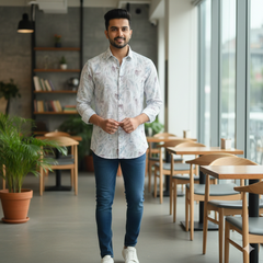 Shirt Fabric ManTire 100% Cotton Premium Linen Look Digital Print Colour Blue N Green