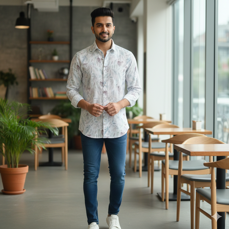 Shirt Fabric ManTire 100% Cotton Premium Linen Look Digital Print Colour Blue N Green