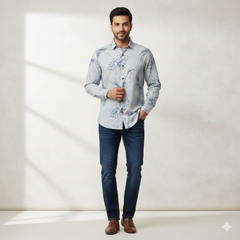 Shirt Fabric ManTire 100% Cotton Premium Linen Look Digital Print Colour Faded Blue N Light Grey