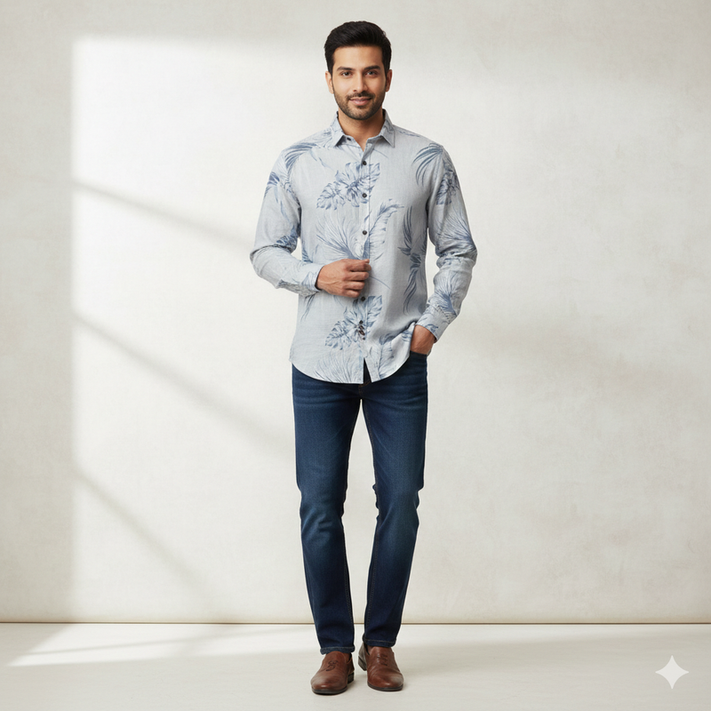 Shirt Fabric ManTire 100% Cotton Premium Linen Look Digital Print Colour Faded Blue N Light Grey