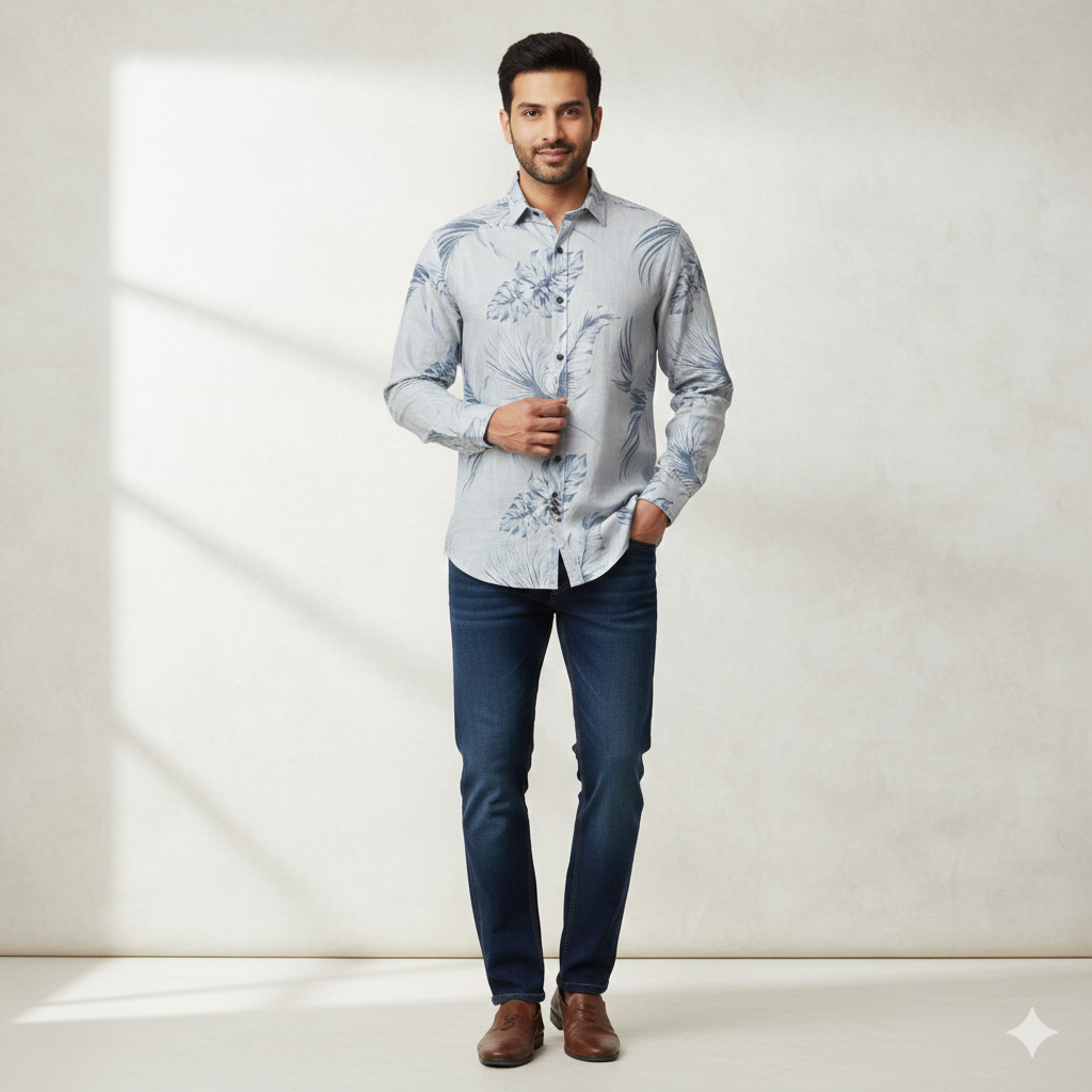 Shirt Fabric ManTire 100% Cotton Premium Linen Look Digital Print Colour Faded Blue N Light Grey