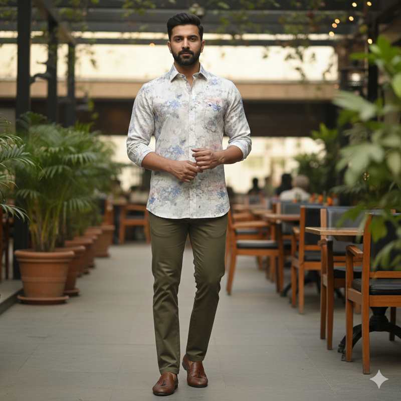 Shirt Fabric ManTire 100% Cotton Premium Linen Look Digital Print Colour Blue N Light Green