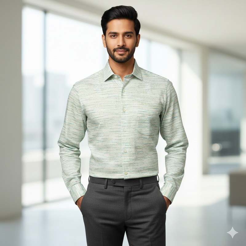 Shirt Fabric Mantire Poly Cotton Digital Print With Dobby Colour Greenish