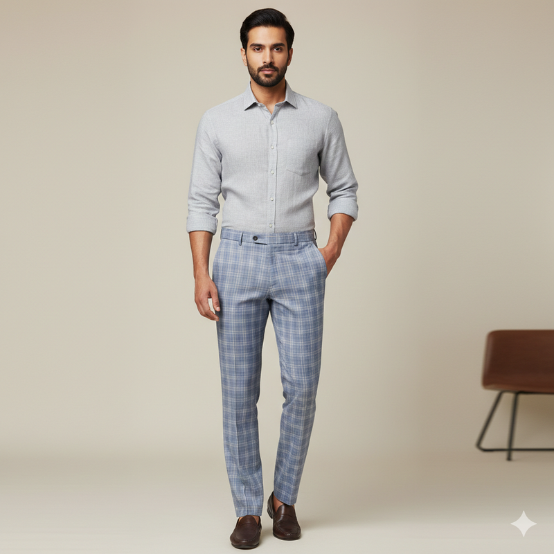 Trouser Fabric Reid & Taylor Super Fine Giza Cotton Mild Check Color Light Blue