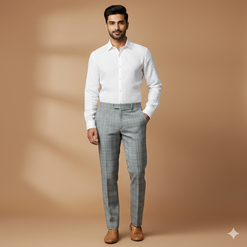 Trouser Fabric Reid & Taylor Super Fine Giza Cotton Mild Check Color Grey