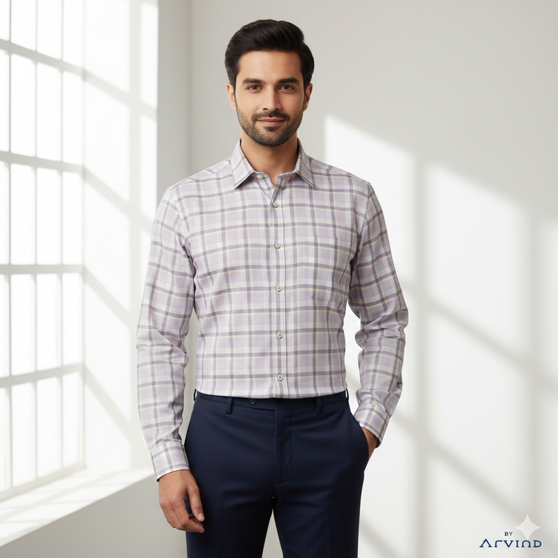 Shirt Fabric Arvind Cotton Blended Check Colour Light Purple