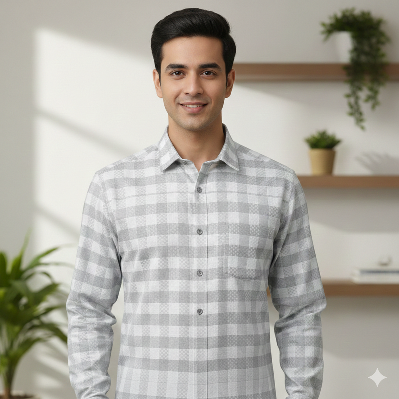 Shirt Fabric Grasim 100% Cotton Check Colour Grey N White