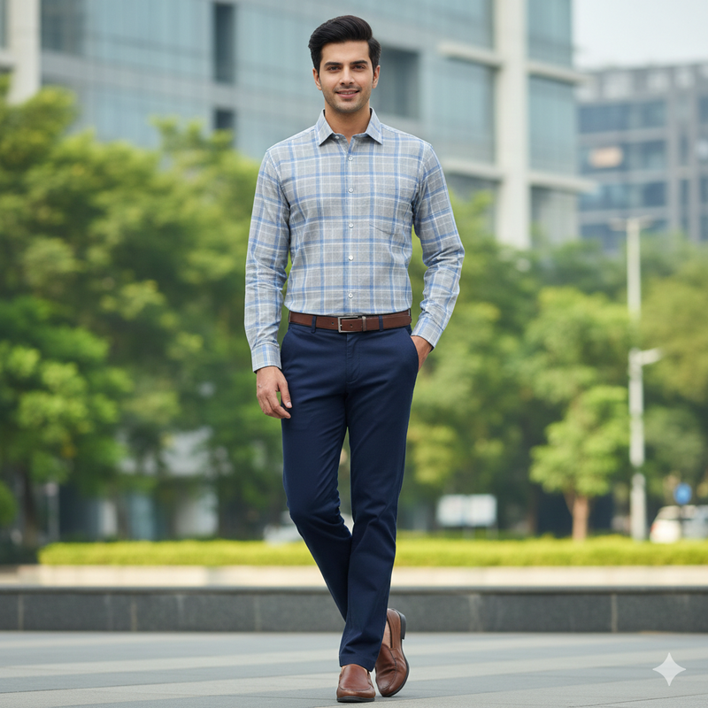 Shirt Fabric Grasim 100% Cotton Broad Check Colour Grey N Blue