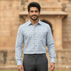 Shirt Fabric Grasim 100% Cotton Broad Check Colour Light Blue