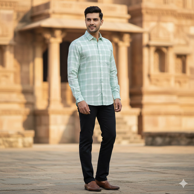 Shirt Fabric Grasim 100% Cotton Broad Check Colour Mint Green