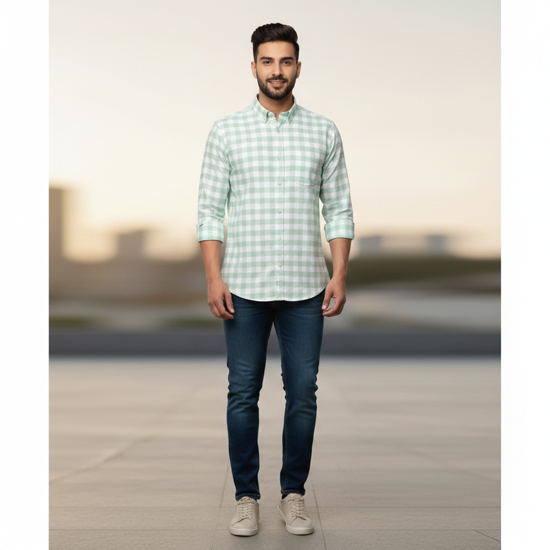 Shirt Fabric Grasim 100% Cotton Check With Jacquard Colour Mint Green