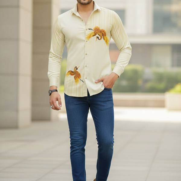 Shirt Fabric Grasim 100% Cotton Designer Digital Print Colour Cream N Off White