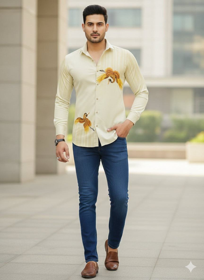 Shirt Fabric Grasim 100% Cotton Designer Digital Print Colour Cream N Off White