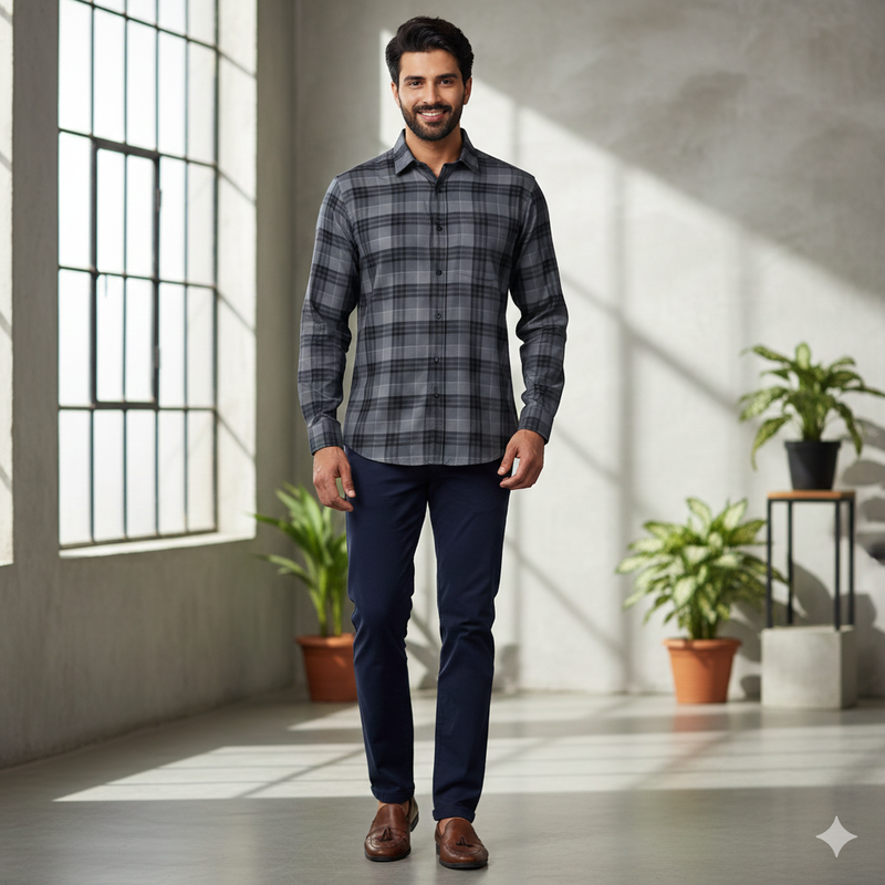 Shirt Fabric Grasim 100% Cotton Broad Check Colour Grey N Black