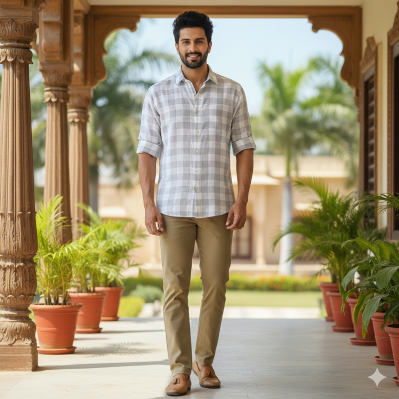 Shirt Fabric Donear 60Lea 100%Linen Broad Check Colour Grey