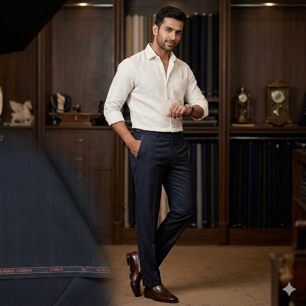 Trouser Fabric Canetti Italy Luxury 100s Wool Blended Stretchable Check Colour Carbon Blue
