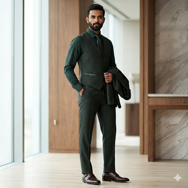 Trouser Fabric Canetti Italy Luxury 100s Wool Blended Dobby Colour Pine Green