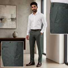 Trouser Fabric OCM Super 130s Wool Blended Check Colour Sage Green