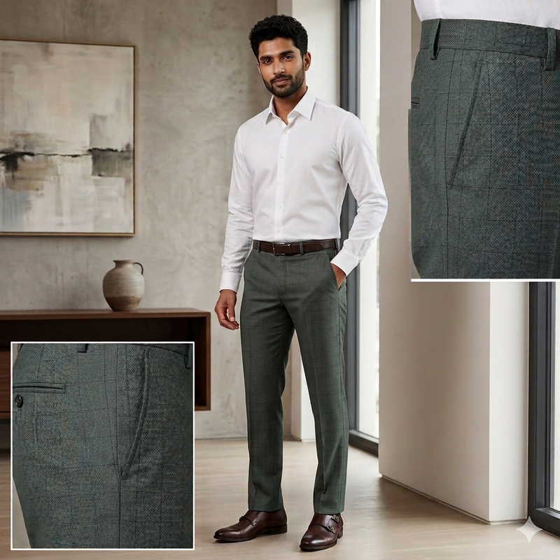 Trouser Fabric OCM Super 130s Wool Blended Check Colour Sage Green