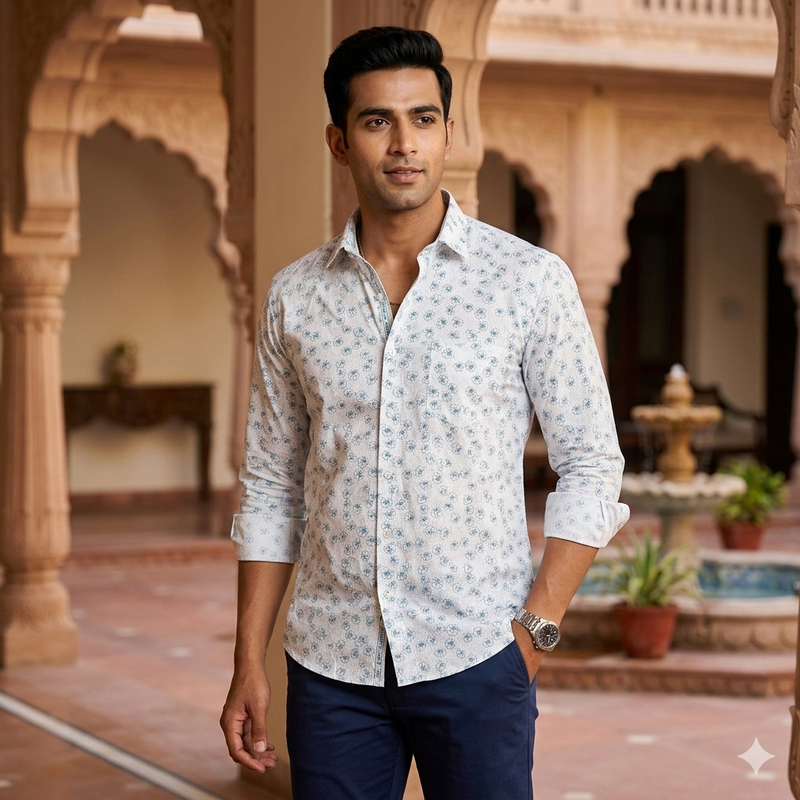 Shirt Fabric ManTire Giza Cotton Printed Colour Firozi