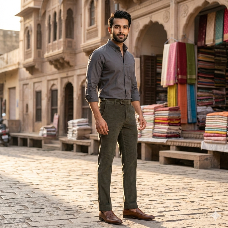 Corduroy Donear Pure Cotton stretchable Trouser Fabric Colour Faded Dark Green