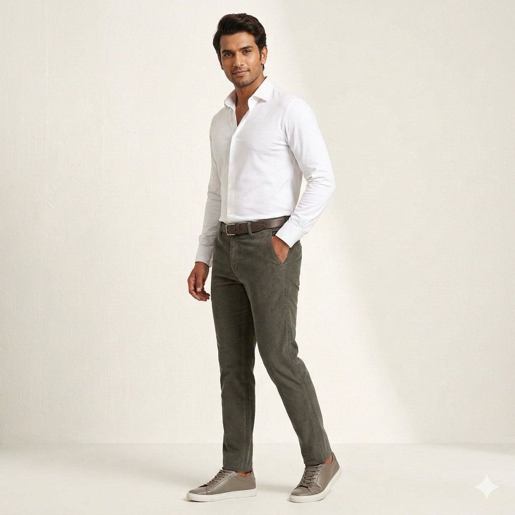 Corduroy Donear Pure Cotton stretchable Trouser Fabric Colour Greenish Grey