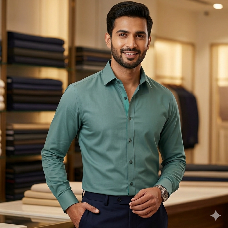 Shirt Fabric Raymond 70s Giza Cotton Plain Colour Cadmium Green