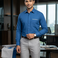 Pant Shirt Combo Raymond Silver Grey Plain Trouser with Peacock Blue PolyViscose Shirt Fabric