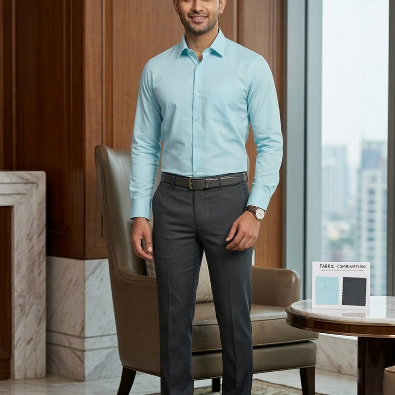 Pant Shirt Combo Graveira Matti Grey Trouser with Sea Blue Plain PolyViscose Shirt Fabric