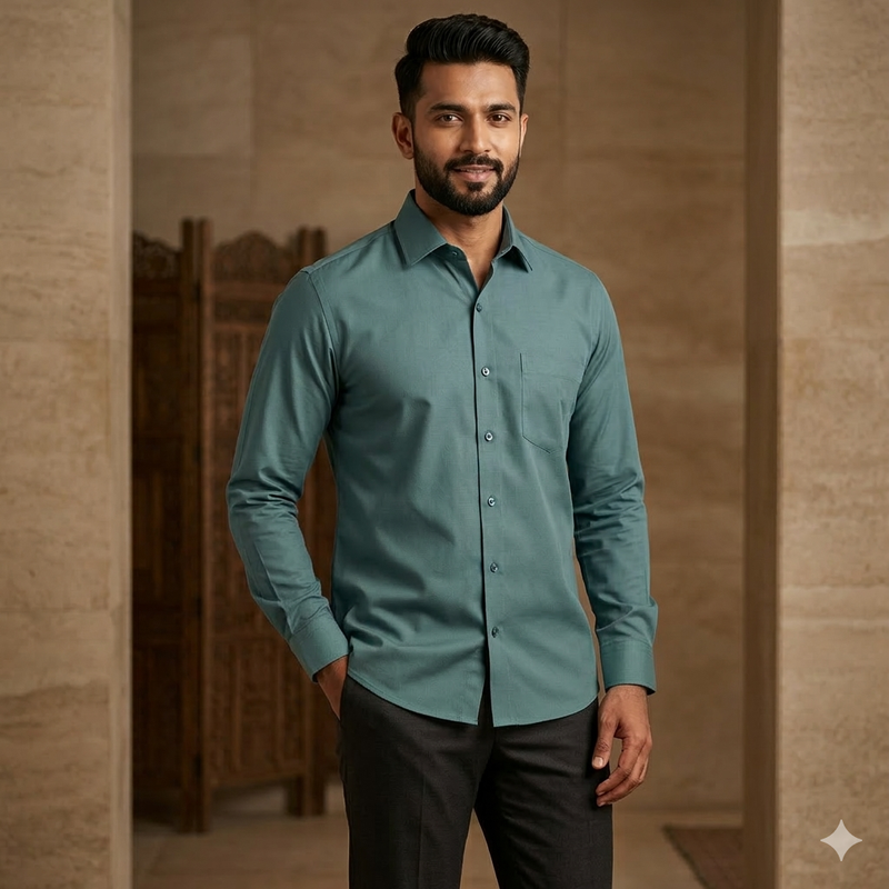 Shirt Fabric Soktas 80s Giza Cotton Plain Colour Glaucous Green