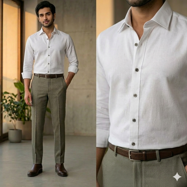 Pant Shirt Combo Gr Gwalior Matti Beige Trouser with Birla Century White Plain PolyCotton Shirt Fabric
