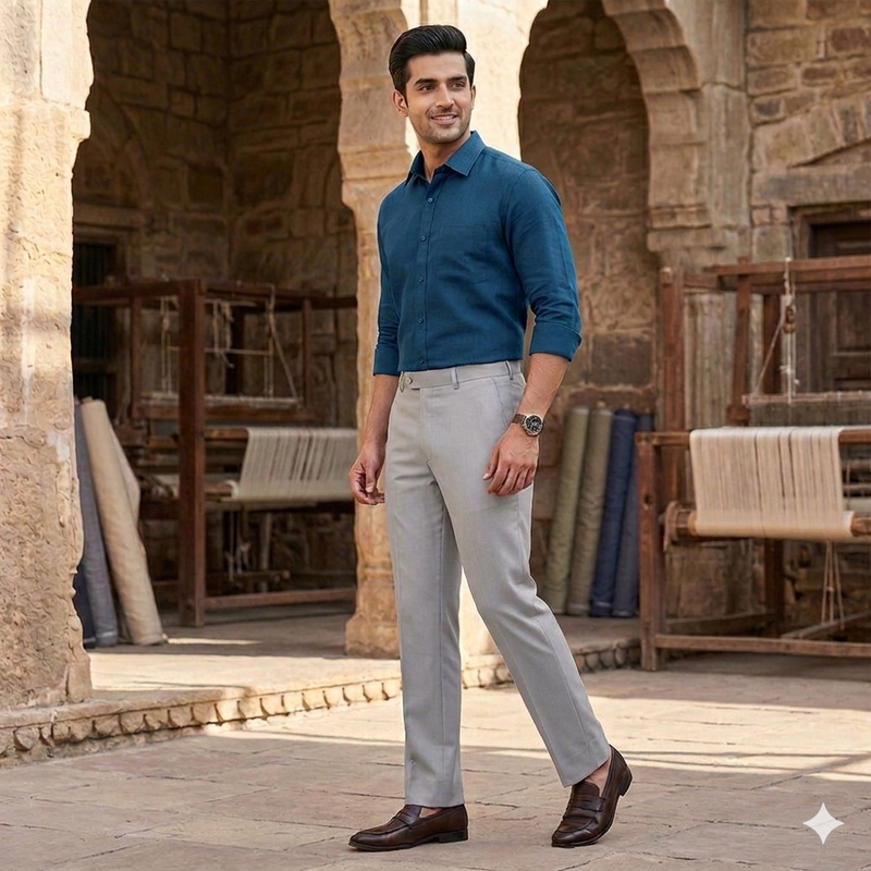 Pant Shirt Combo Donear Silver Trouser With Sapphire Blue Plain Giza Cotton Shirt Fabric