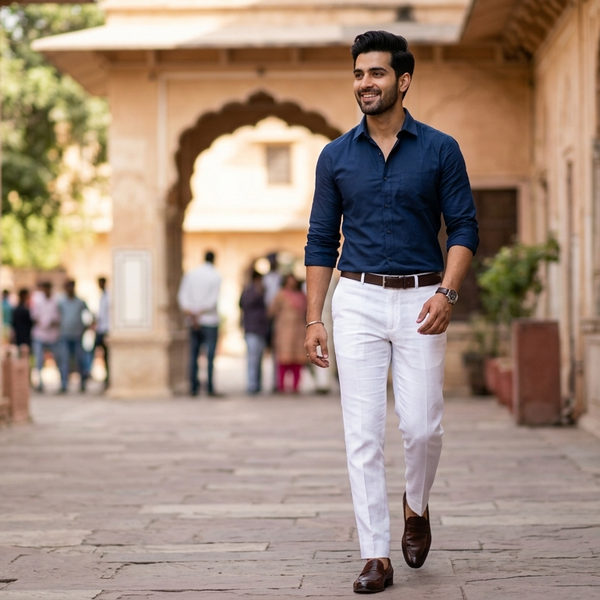 Pant Shirt Combo Donear White Trouser with Dark Blue Plain Giza Cotton Shirt Fabric