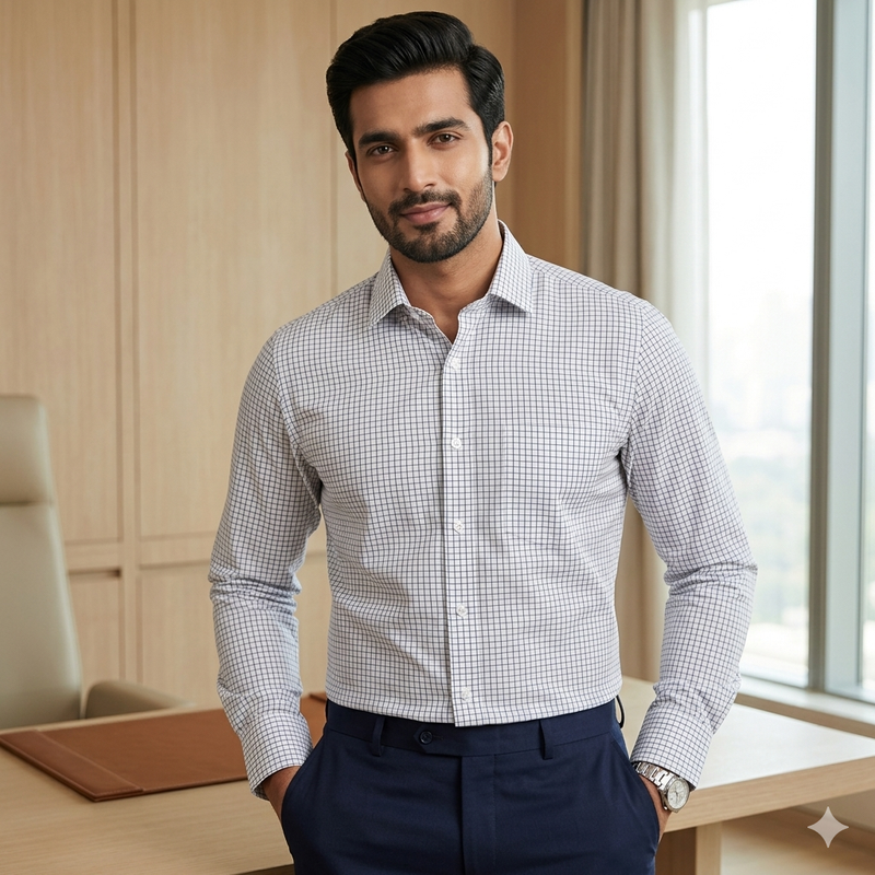 Shirt Fabric Arvind 100% Pure Cotton Small Check Colour Grey N White