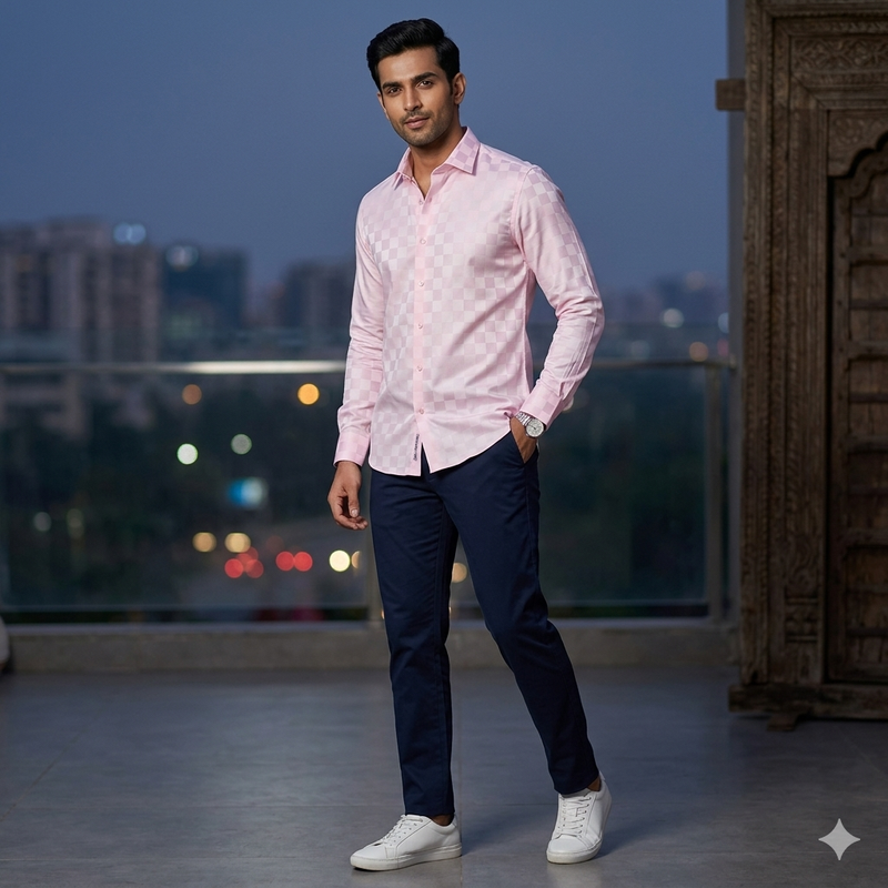 Shirt Fabric Raymond 100% Giza Cotton Check Colour Pink