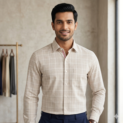 Shirt Fabric Raymond 100% Cotton Check With Slub Colour Ash Brown
