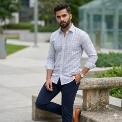 Shirt Fabric Raymond 100% Cotton Small Check With Slub Colour Blue N Firozi
