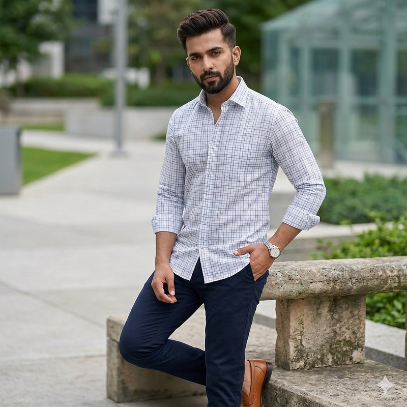 Shirt Fabric Raymond 100% Cotton Small Check With Slub Colour Blue N Firozi