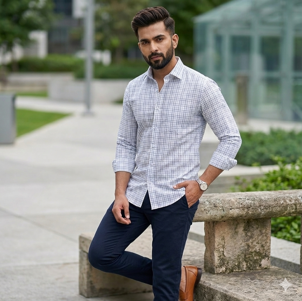 Shirt Fabric Raymond 100% Cotton Small Check With Slub Colour Blue N Firozi