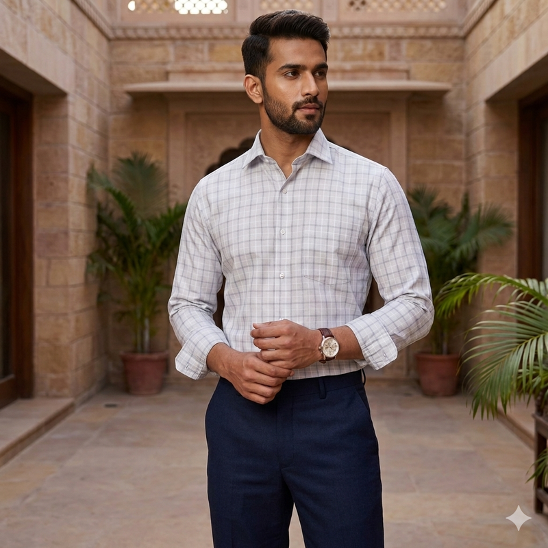 Shirt Fabric Raymond 100% Giza Cotton Broad Check Colour Silver Grey