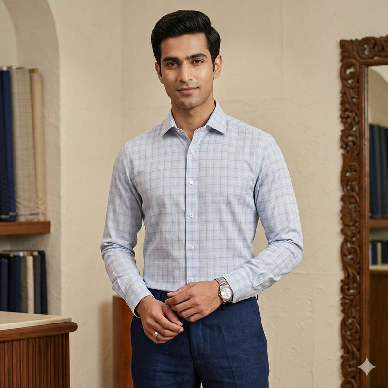 Shirt Fabric Raymond 100% Giza Cotton Broad Check Colour Faded Blue