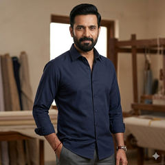 Shirt Fabric Arvind 60s Giza Cotton Plain Colour Dark Blue