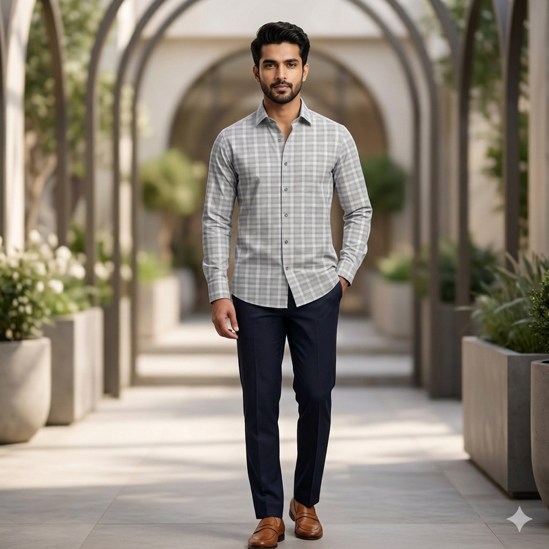 Shirt Fabric Raymond 100% Giza Cotton Broad Check Colour Greenish Grey