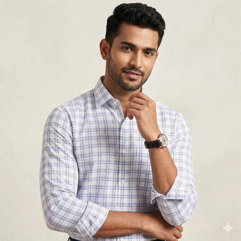 Shirt Fabric Raymond 100% Giza Cotton Broad Check Colour Blue N White