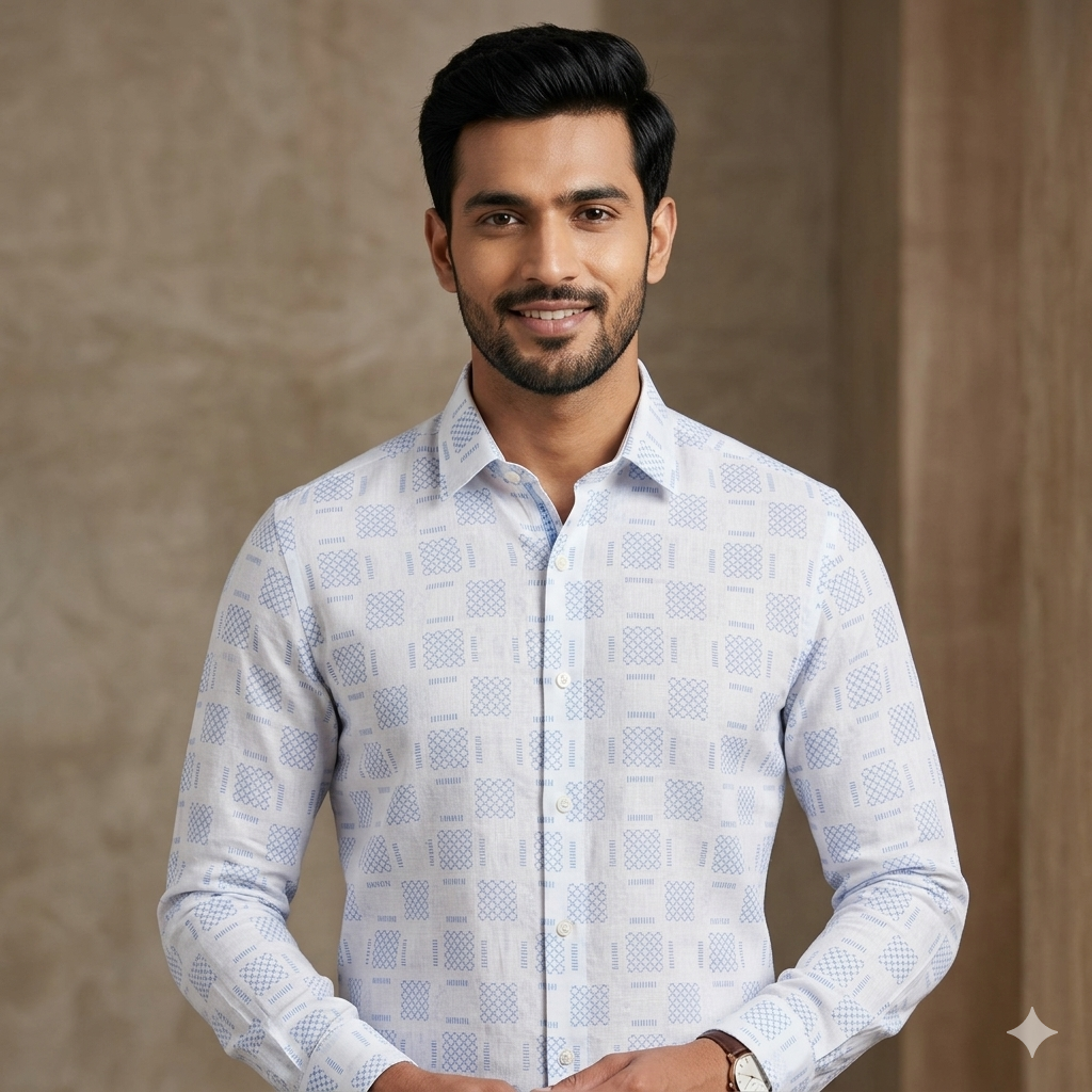 Shirt Fabric Linen Club Linen Blended Printed Colour Light Blue