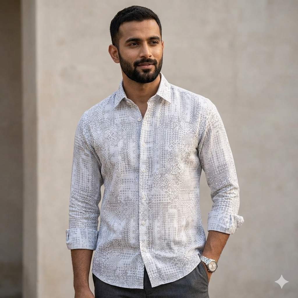 Shirt Fabric Linen Club Pure Linen Printed Colour Grey N White