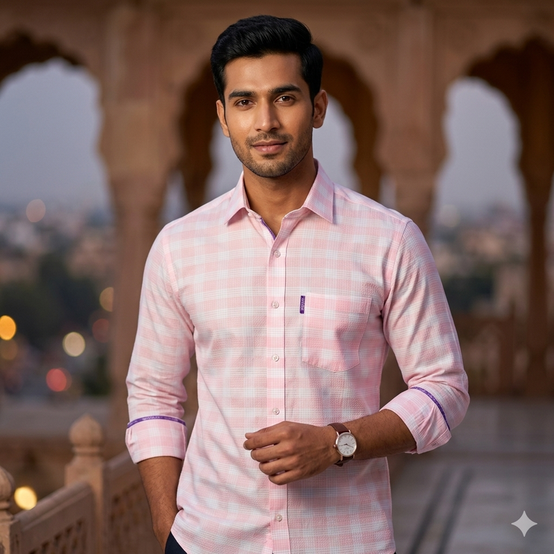 Shirt Fabric Soktas Finest 80s Giza Cotton Check With Jacquard Colour Pink N White