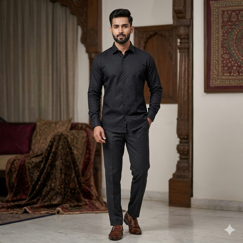 Shirt Fabric Soktas Finest 80s Giza Cotton Jacquard Colour Bluish Black