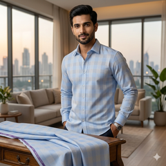 Shirt Fabric Soktas Finest 80s Giza Cotton Check With Jacquard Colour Blue